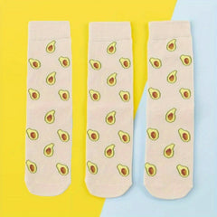 3 Pairs Cartoon Food Print Socks & Funny Mid Tube Socks Women's Stockings