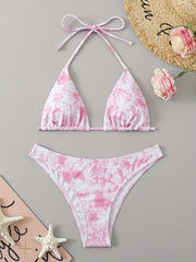 Tie Dye Triangle Bikini Set Halter V Neck Backless High Cut Two Piece Swimsuit