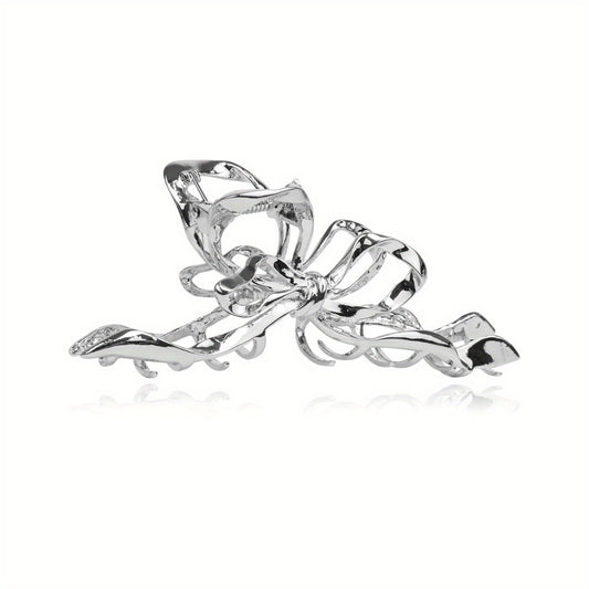 Silvery Ribbon Bow Hair Claw Clip Nonslip Ponytail Holder Hair Shark Claw Women