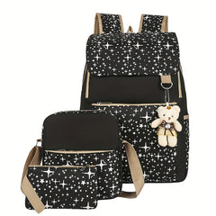 3-Pc Preppy Star Pattern Bag Set: Backpack, Crossbody Bag & Clutch Pouch