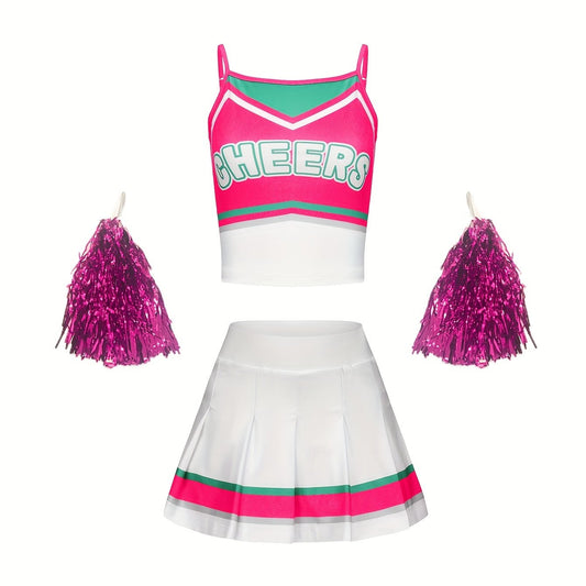 3pcs Girls Cheerleading Outfits With Poms For Sports Performance