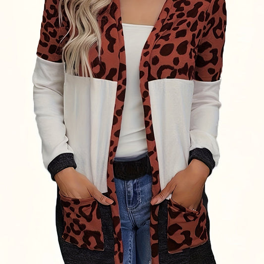  Leopard Print Open Front Cardigan with Pockets