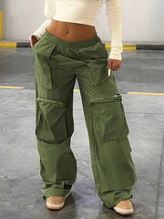  Solid High Rise Wide Leg Cargo Pants with Pockets