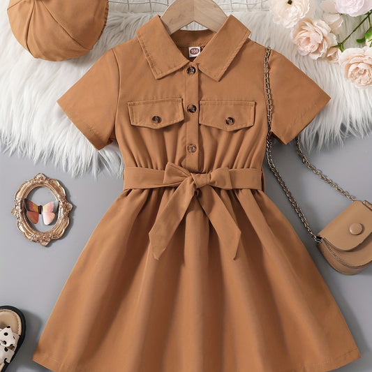 2pcs Toddler Girls Button Flap Shirt Dress & Hat Set Kids Summer Clothes