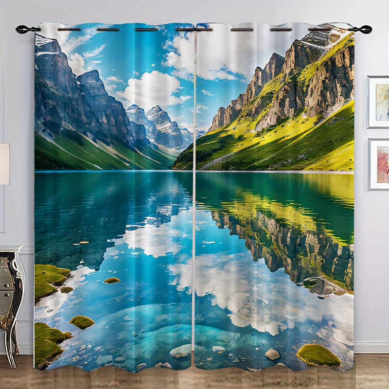 2pcs Mountain Clear River Curtain Window Curtain for Outdoor Shelter Decor