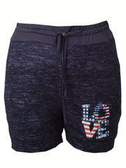  Independence Casual Shorts Women's Plus Flag & Letter Print