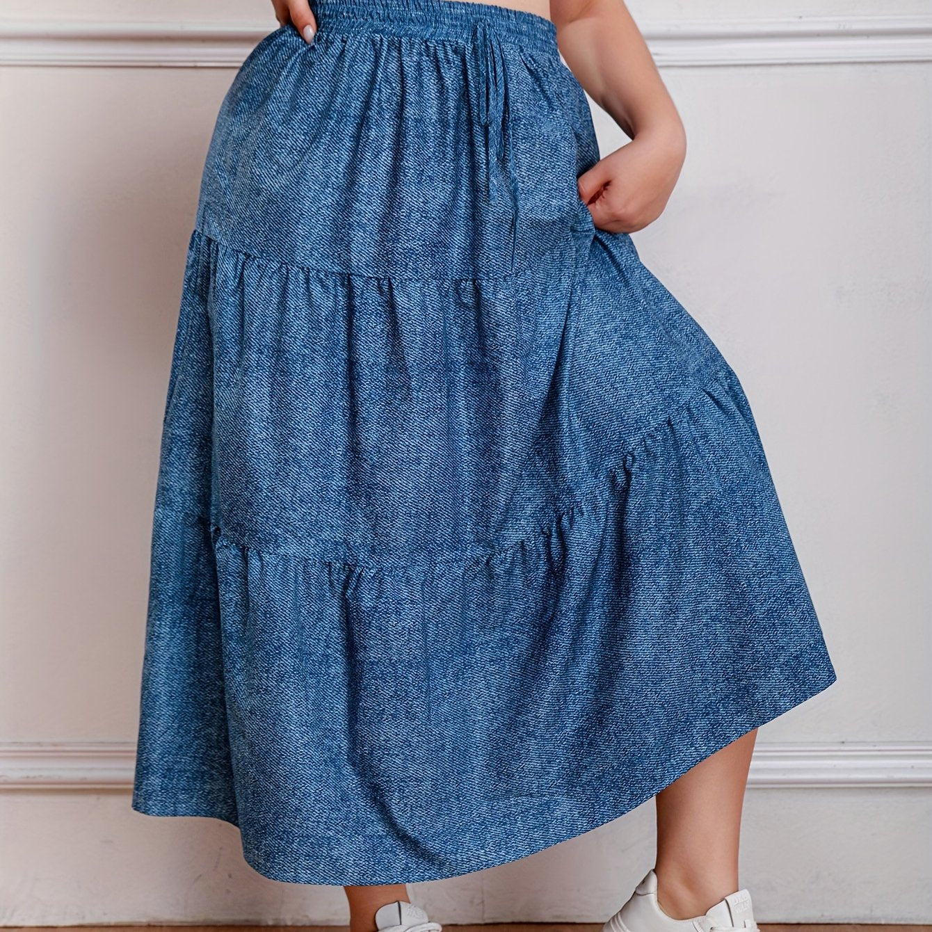  Casual Skirt Women's Plus Denim Print Drawstring Elastic High Rise