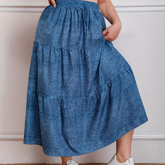  Casual Skirt Women's Plus Denim Print Drawstring Elastic High Rise