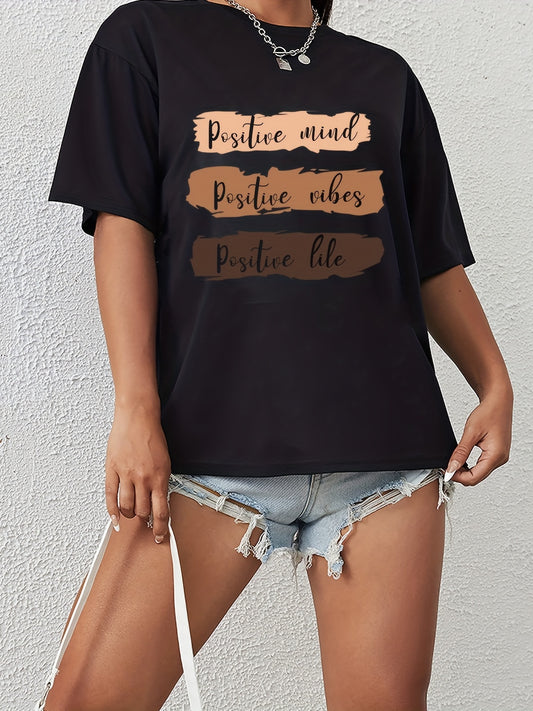 Positive Mind Letter Print T-shirt Loose Crew Neck Sports Tee