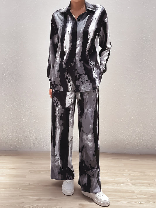 Plus Stripe Print Button Up Long Sleeve Blouse & Pants Set