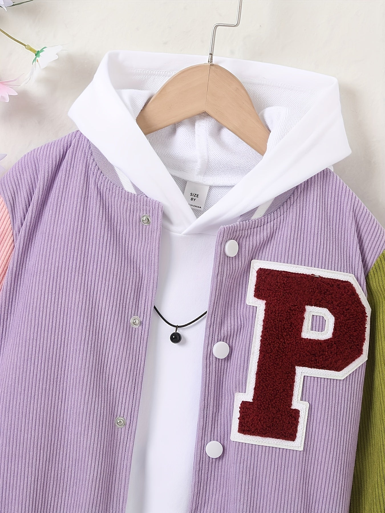 Girls Letter Patched Striped Baseball Jacket
