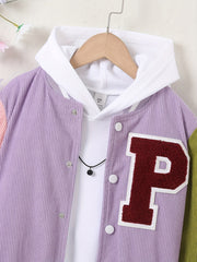 Girls Letter Patched Striped Baseball Jacket