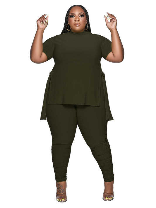  Solid Slit High Neck Short Sleeve Tops & Pants Set