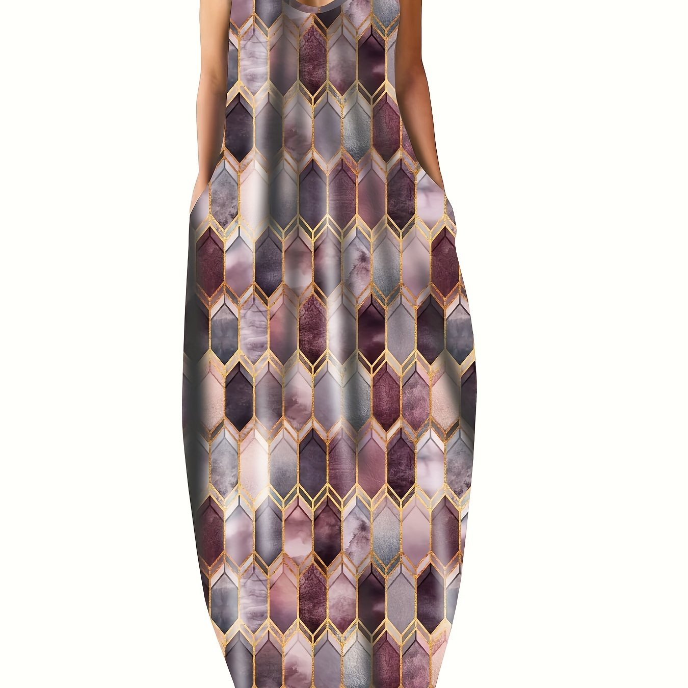  Colorblock Geometric Print Maxi Cami Dress