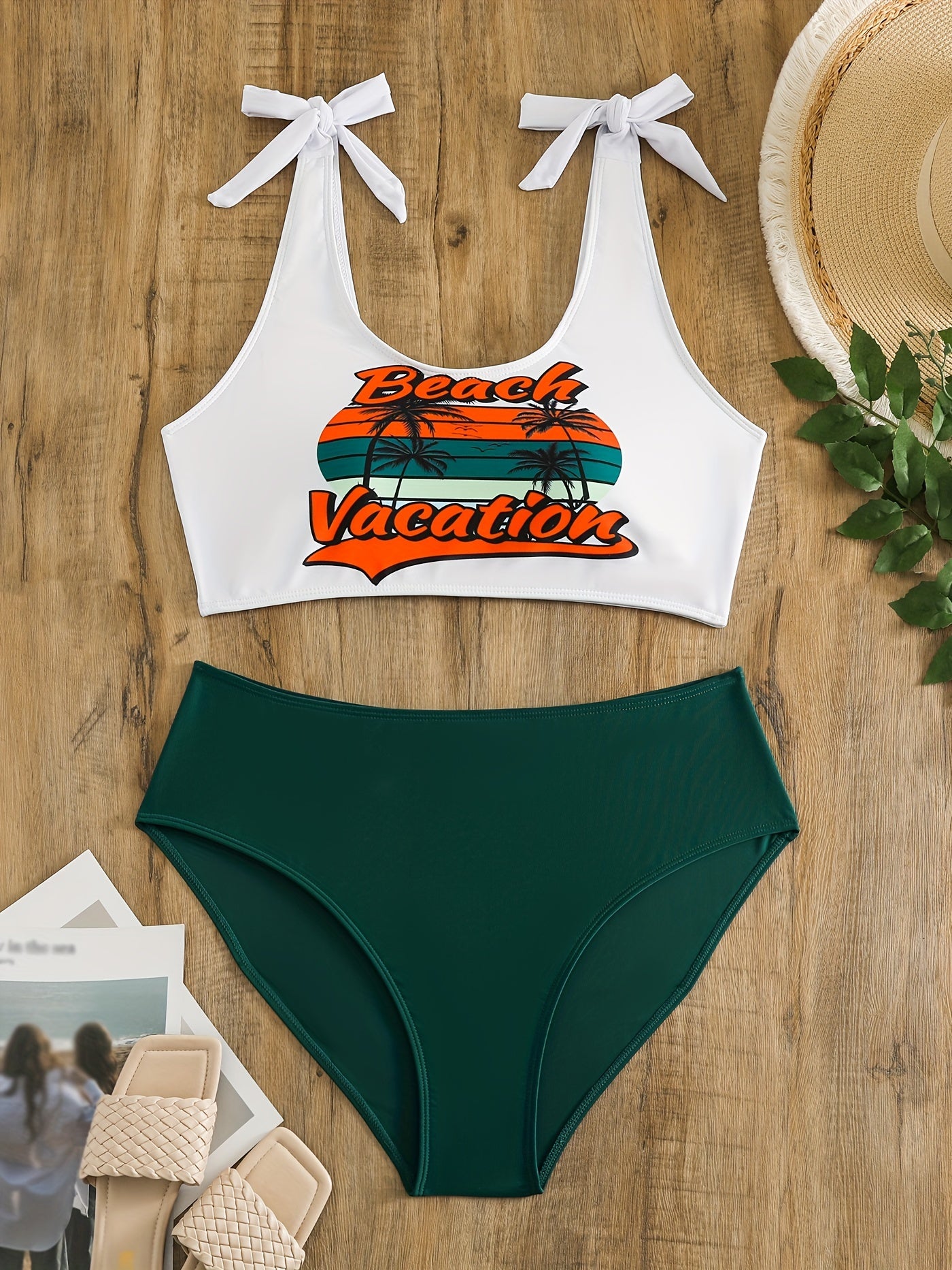  Tropical Print Shoulder Tie Bikini Set