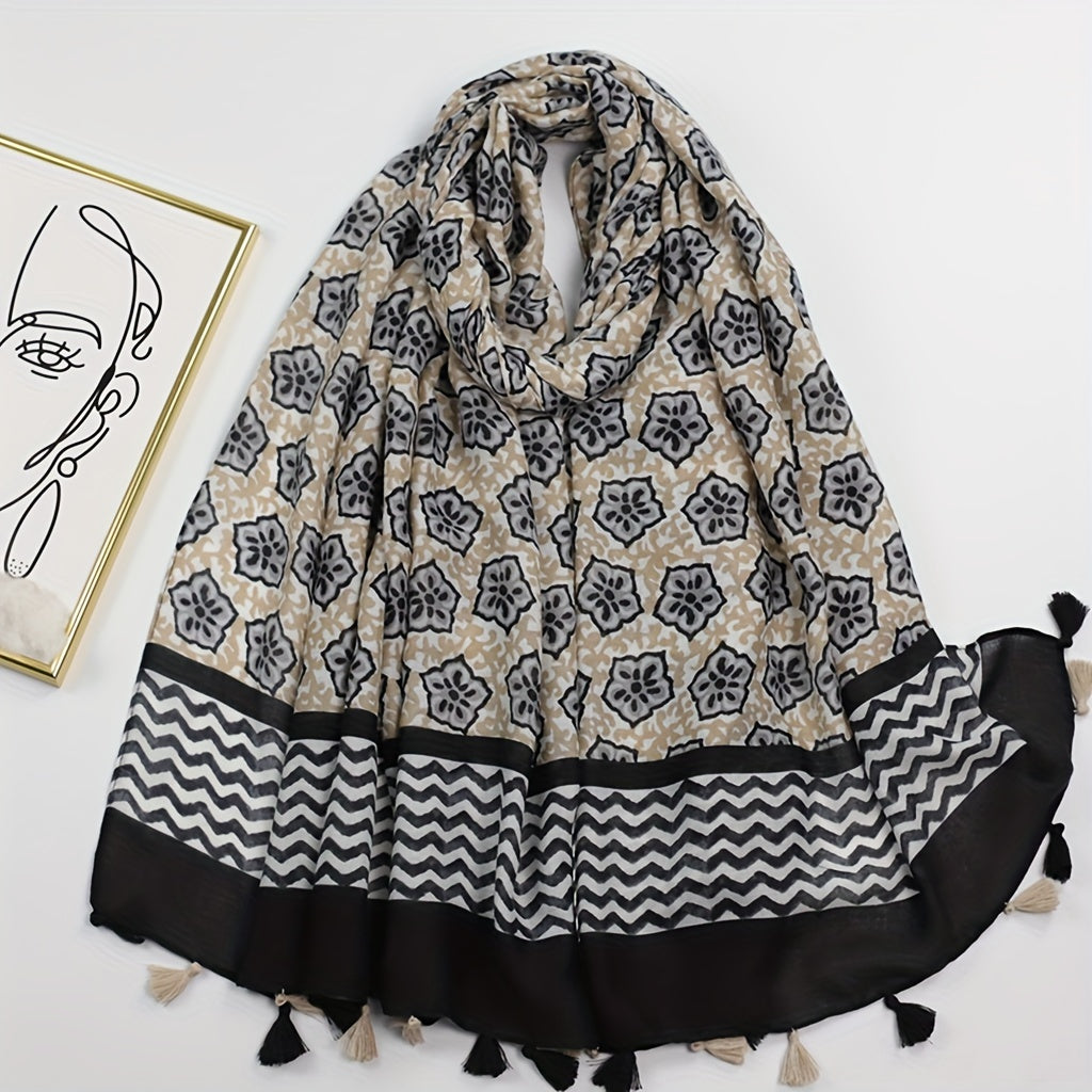 Geometric Floral Print Tassel Scarf Vintage Striped Shawl