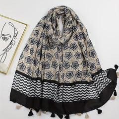 Geometric Floral Print Tassel Scarf Vintage Striped Shawl