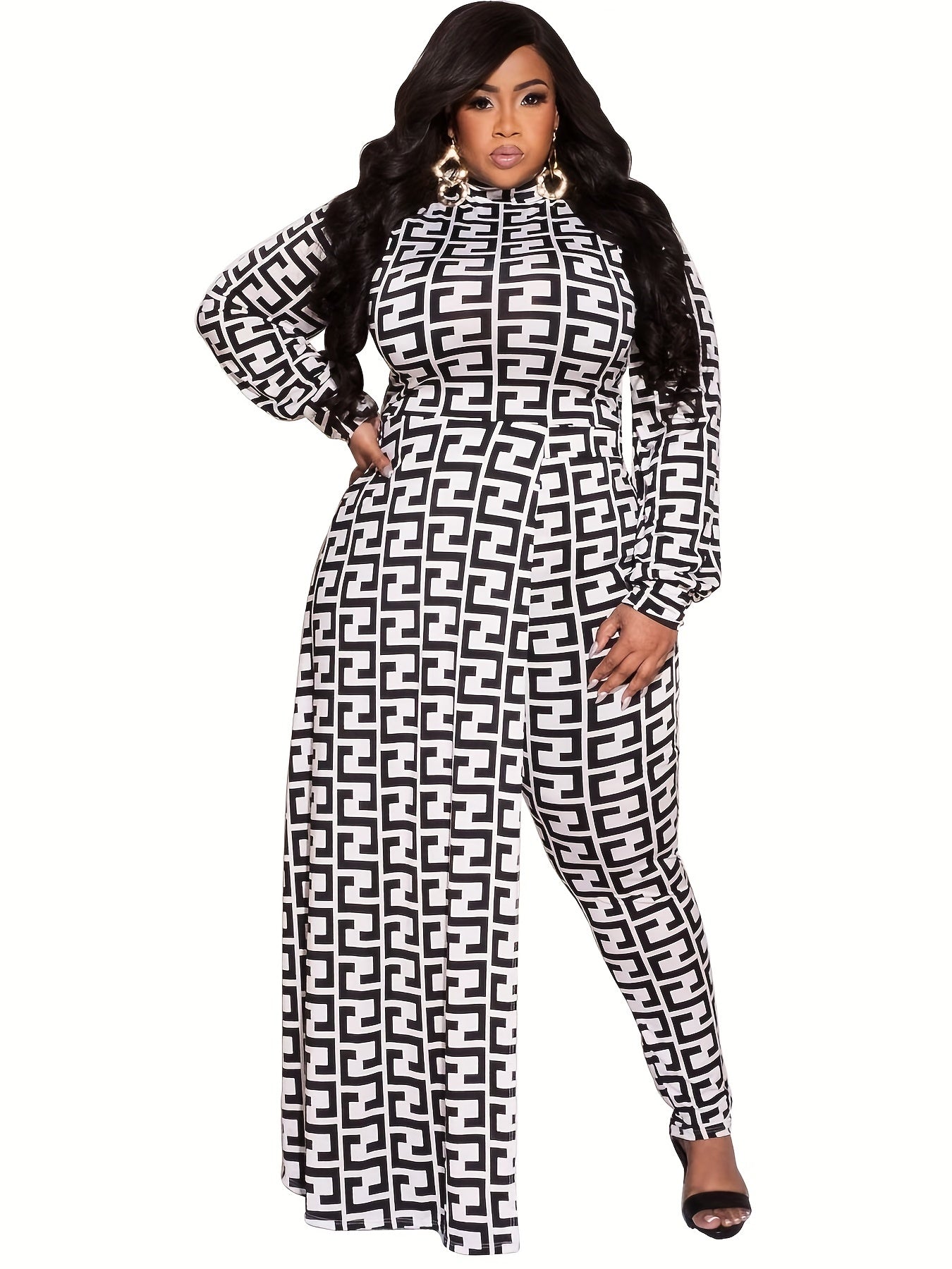  Geometric Print Long Sleeve Jumpsuit