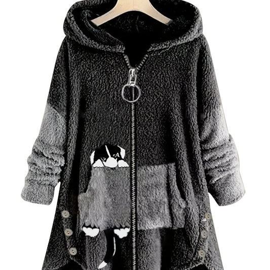 Cartoon Pattern Teddy Coat Zip Up Hooded Outerwear