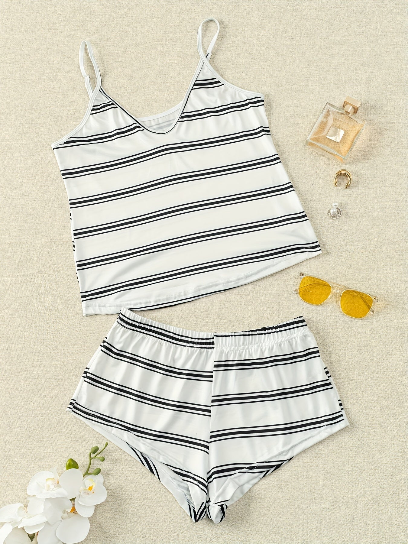 Stripe Print Pajama Set Cami Top & Shorts