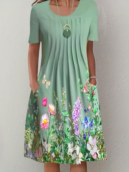 Floral Print Pleated Front Dress Short Sleeve Dual Pockets