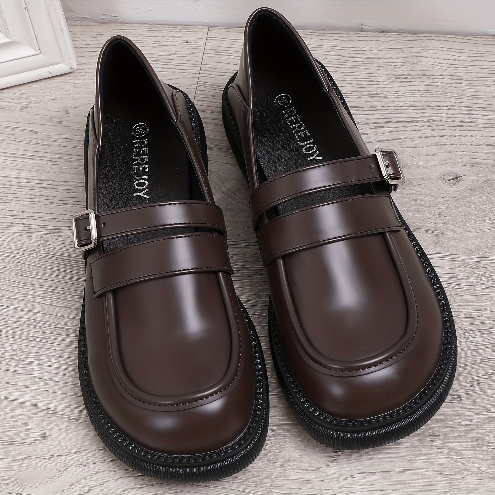 Women's Chunky Heel Loafers British Style Buckle Strap Shoes