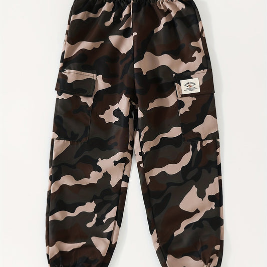 Boys Camo Cargo Pants Elastic Waist Joggers Kids Outdoor Bottoms
