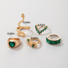 Vintage Green Gemstone Snake Rings Set - 5pcs