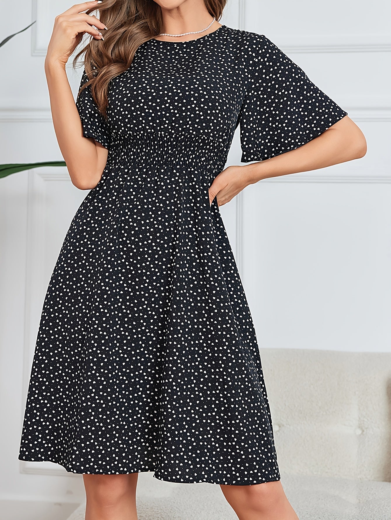 Heart Print Shirred Waist Dress Crew Neck Short Sleeve Dress
