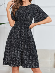 Heart Print Shirred Waist Dress Crew Neck Short Sleeve Dress