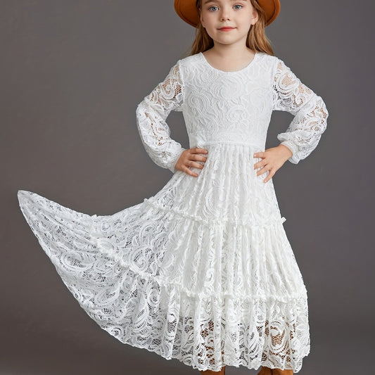 Girls Lace Puff Sleeve Flower Girl Dress Princess Dress