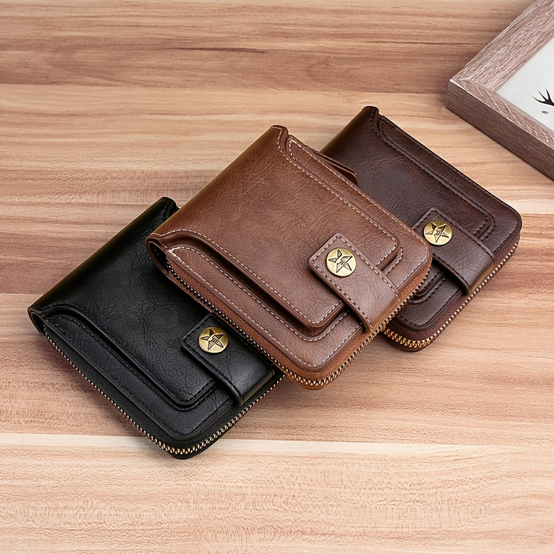 Men's PU Leather Business Wallet with Zipper & Button