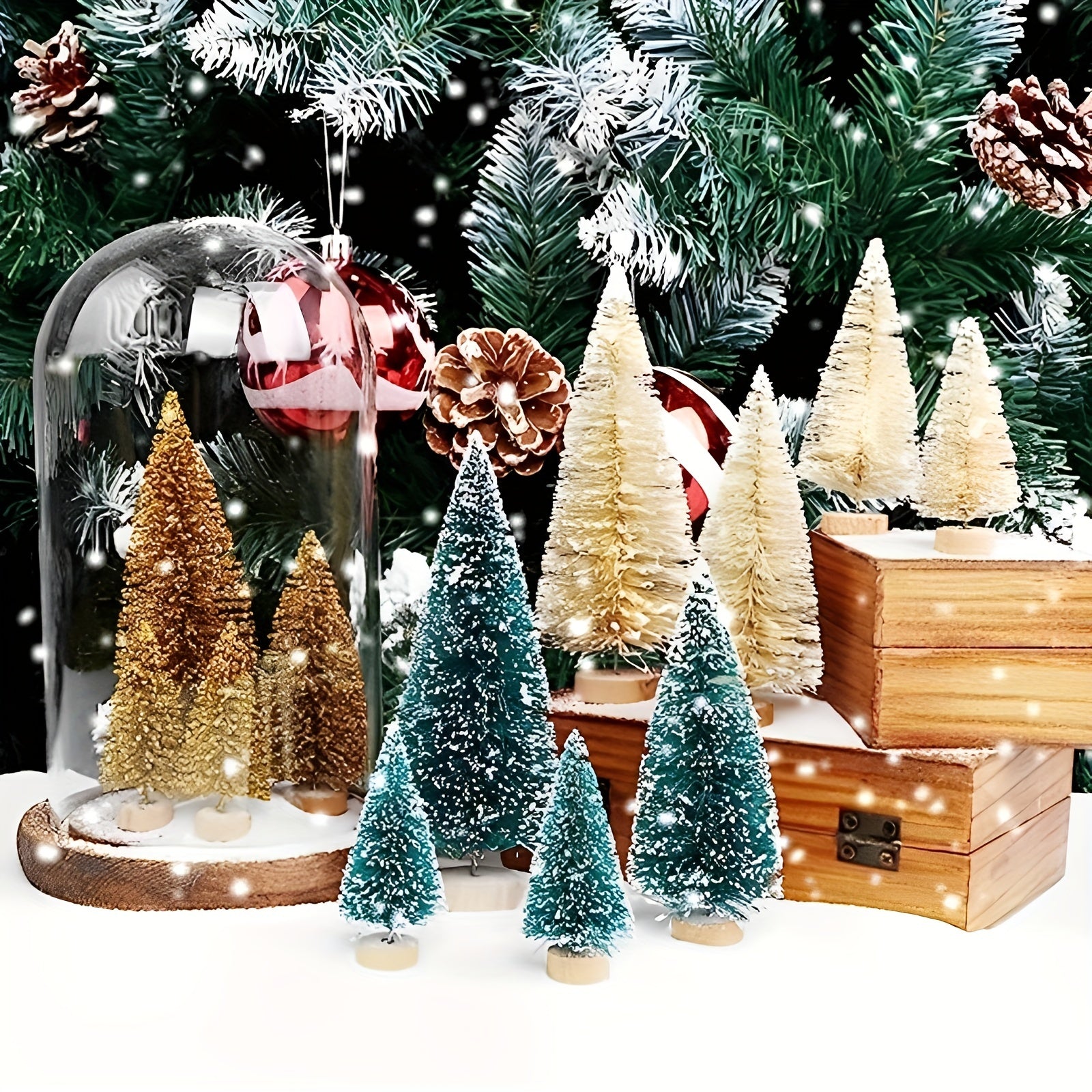5pcs Mini Christmas Trees Wooden Base Bottle Brush Trees Desktop Decoration