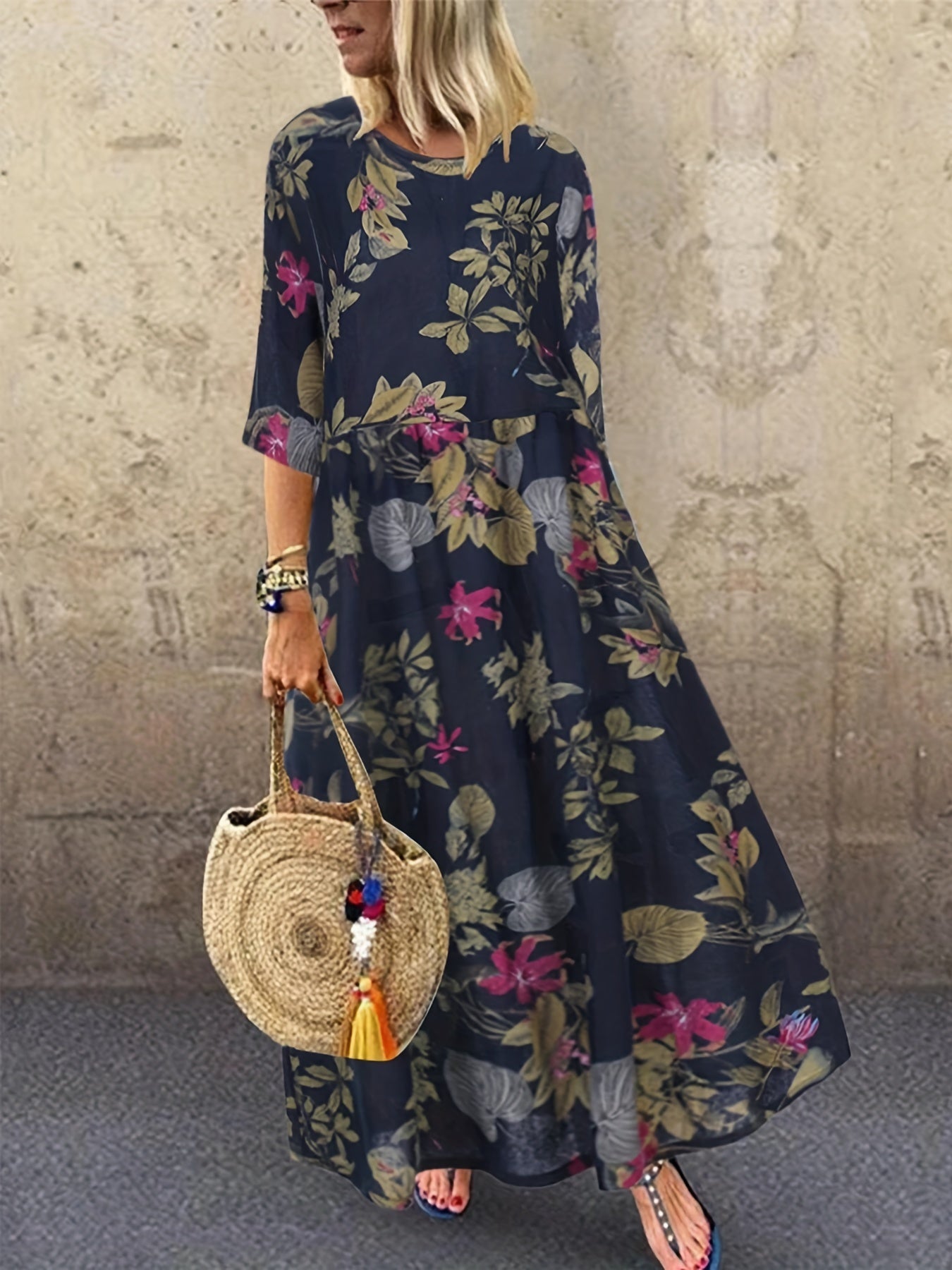 Women's Plus Floral Print Half Sleeve Round Neck Maxi Dress