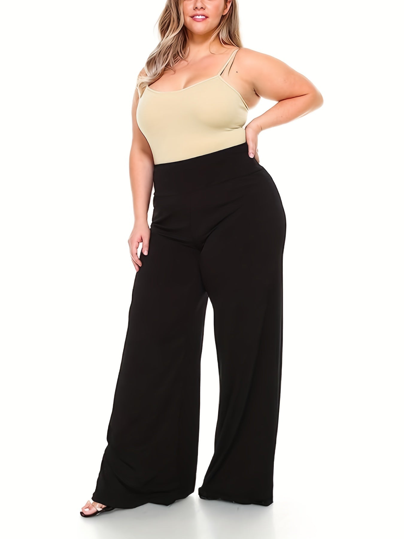  Solid High Rise Wide Leg Pants