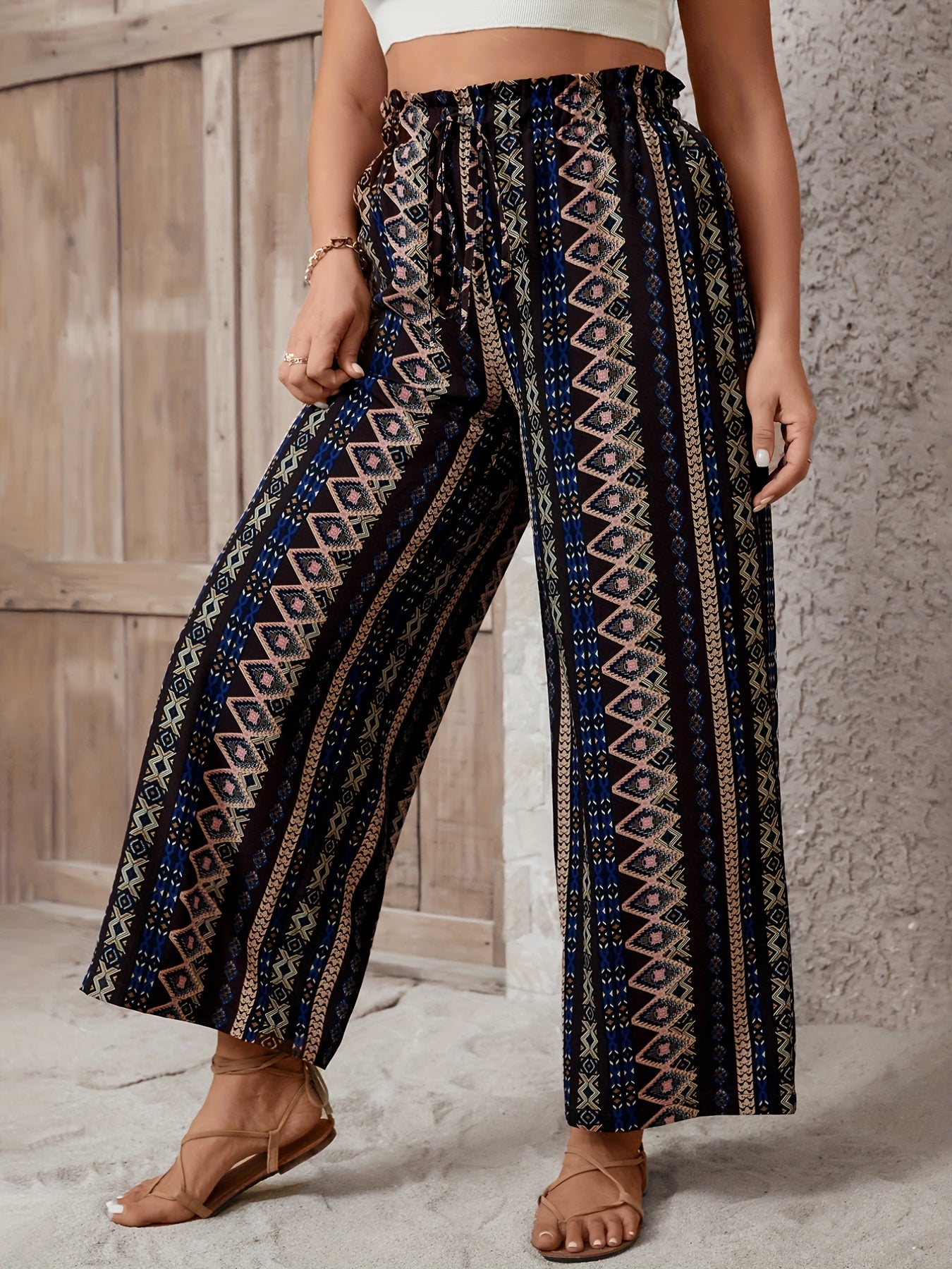  Colorblock Geometric Print Drawstring Pants