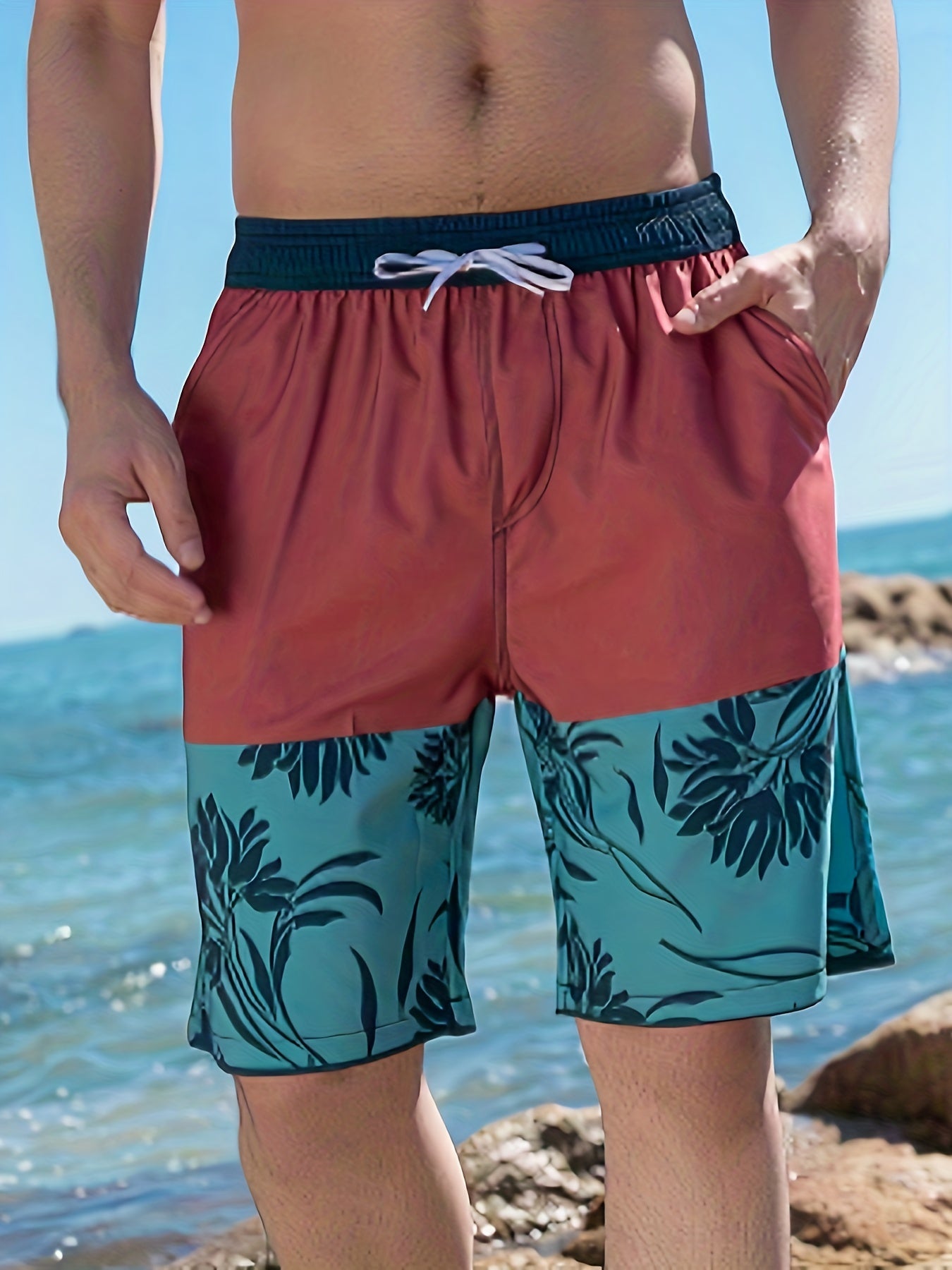 Men's Floral Beach Shorts Elastic Waist Swim Trunks