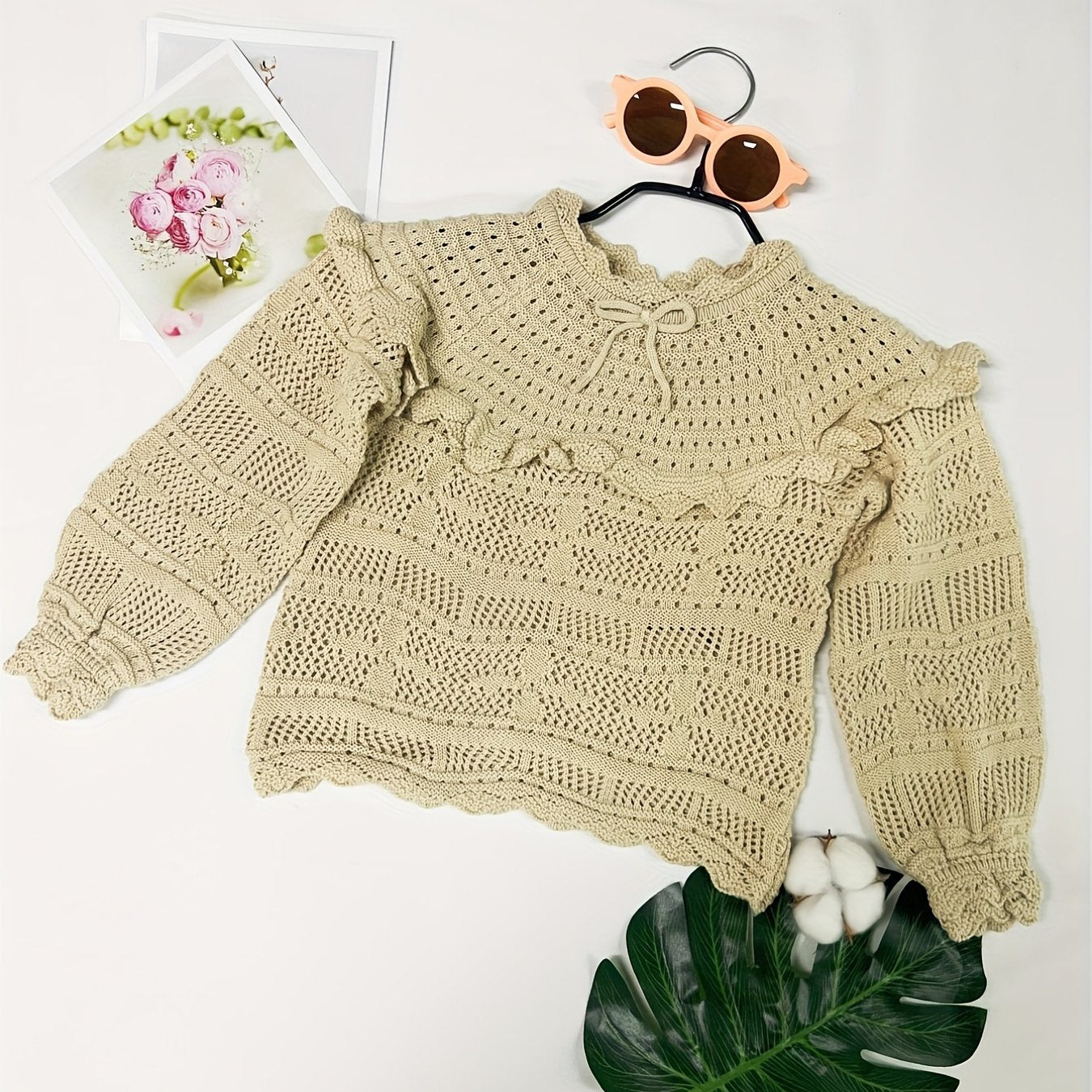 Girl's Eyelet Long Sleeve Knit Pullover Shirt For Autumn