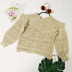 Girl's Eyelet Long Sleeve Knit Pullover Shirt For Autumn