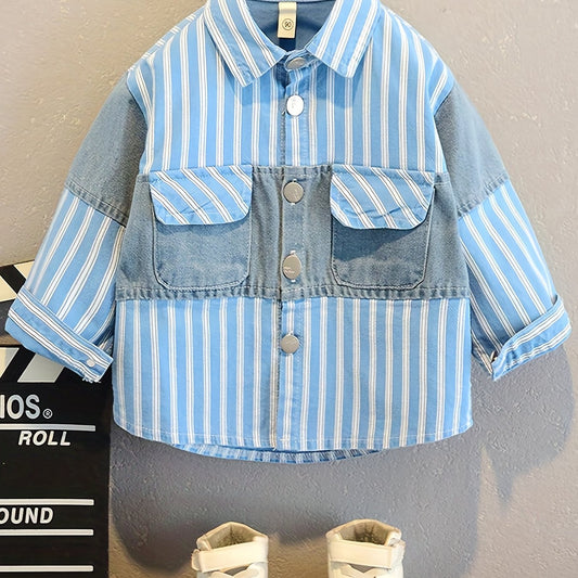 Boy's Stripes Graphic Print Fleece Denim Jacket Winter Spring Autumn