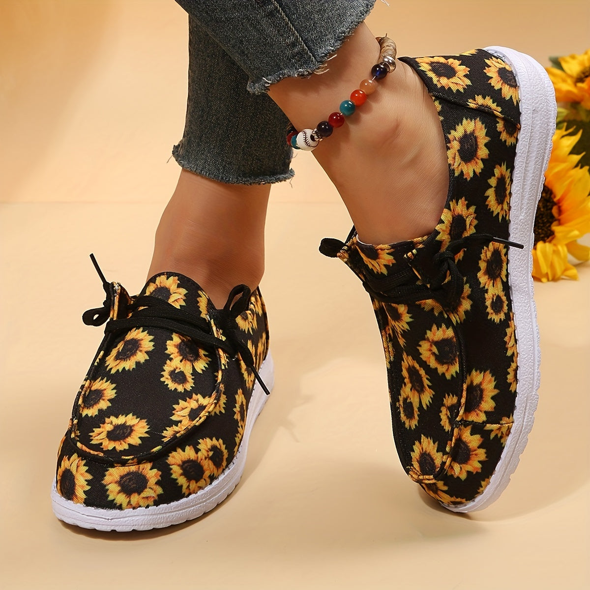Women's Sunflower Print Canvas Slip-On Loafers Shoes