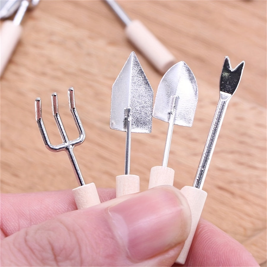 4pcs Dollhouse Wooden Handle Metal Garden Tools