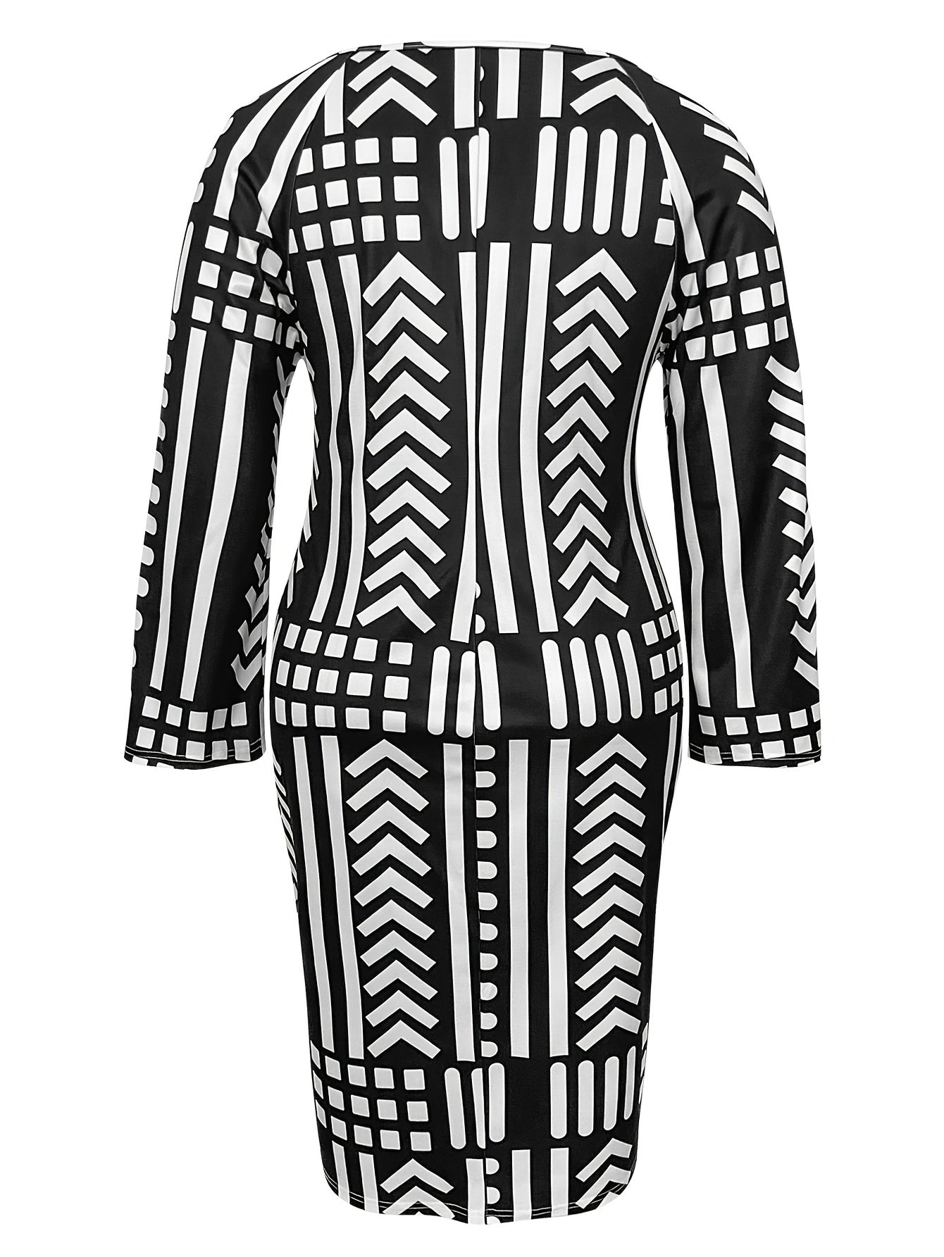  Geo Print Long Sleeve V Neck Bodycon Dress