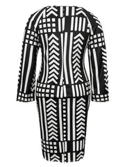  Geo Print Long Sleeve V Neck Bodycon Dress