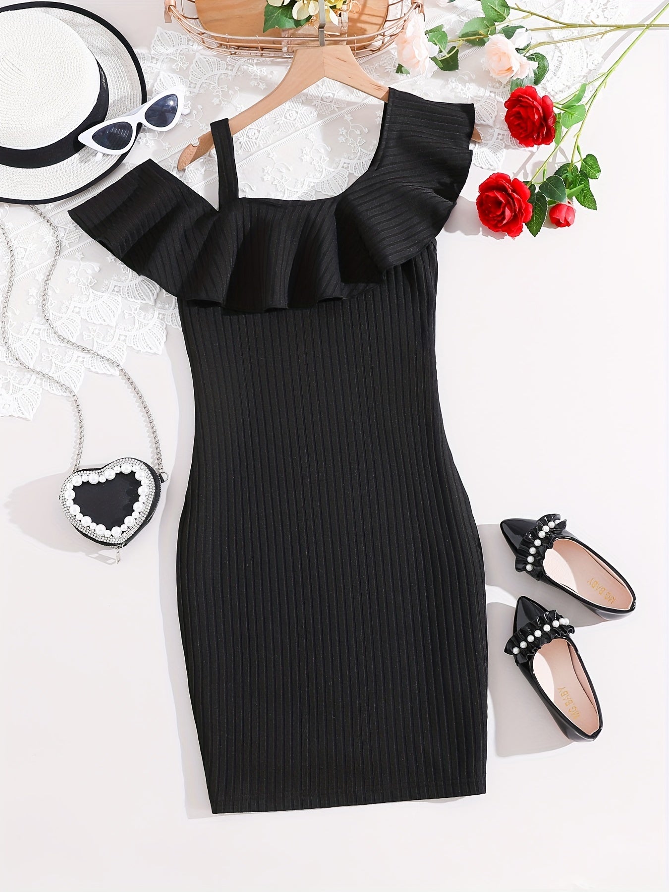 Girls One Shoulder Ruffle Collar Sleeveless Dress