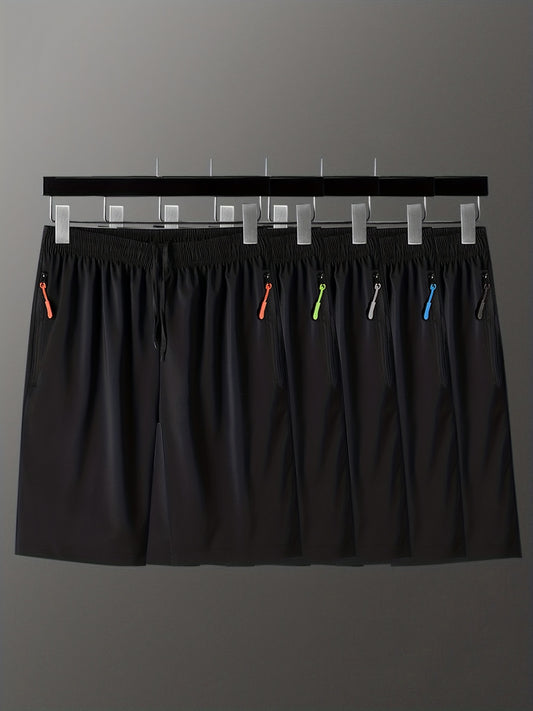 5 Pcs Men's Colorful Zip Pocket Drawstring Sport Shorts
