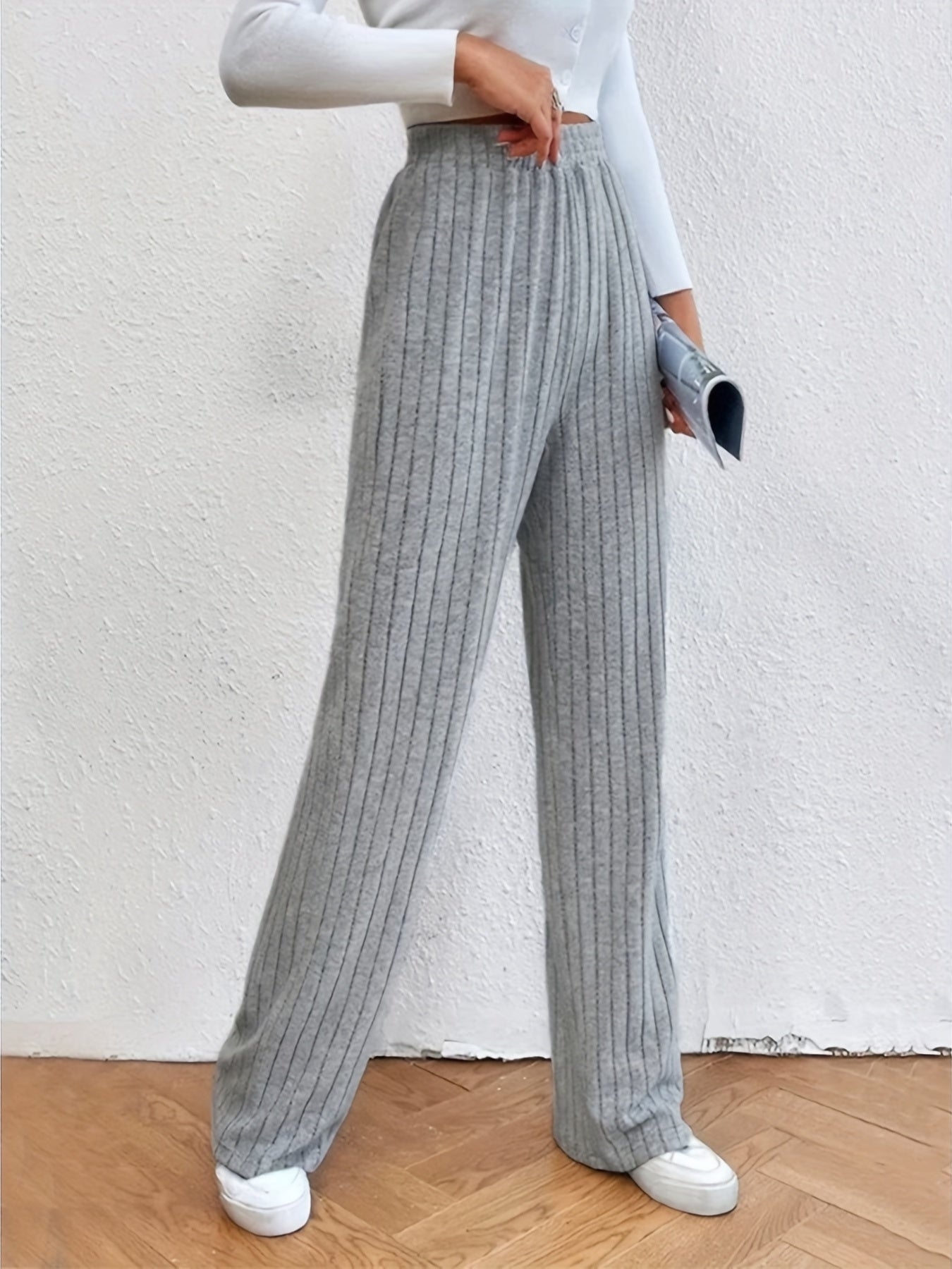  Solid Ribbed High Rise Straight Leg Trousers