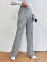  Solid Ribbed High Rise Straight Leg Trousers