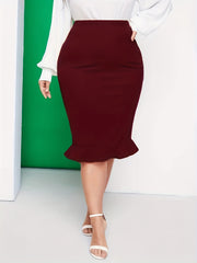  Solid High Rise Ruffle Trim Midi Skirt