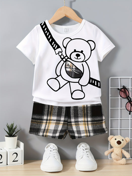 Boy's Bear Graphic Casual Outfit T-Shirt & Plaid Shorts Summer Clothes